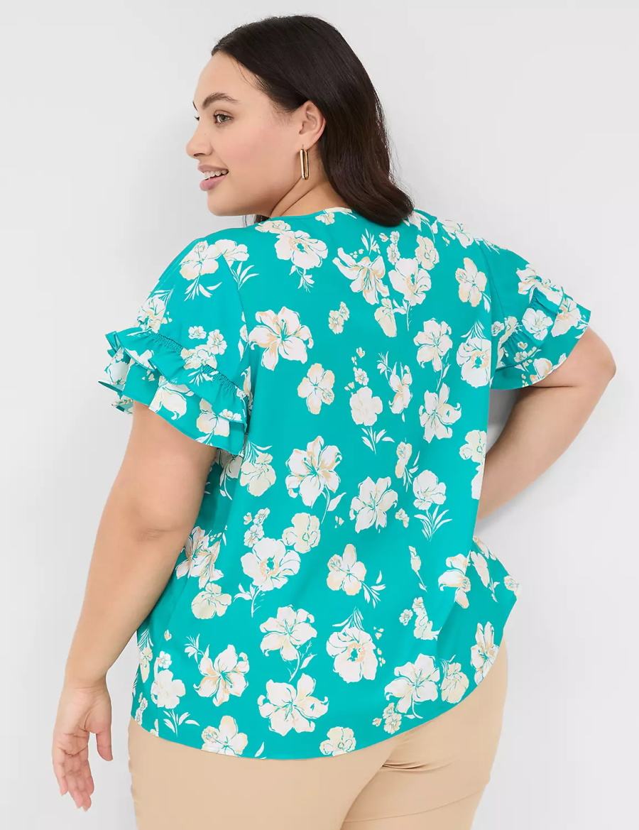 Lane Bryant Flutter-Sleeve Crew-Neck Top T-shirts Dames Turquoise | LYO4915NJ