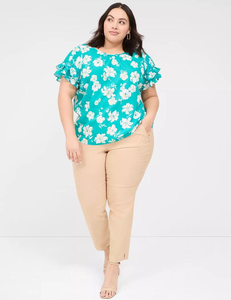 Lane Bryant Flutter-Sleeve Crew-Neck Top T-shirts Dames Turquoise | LYO4915NJ