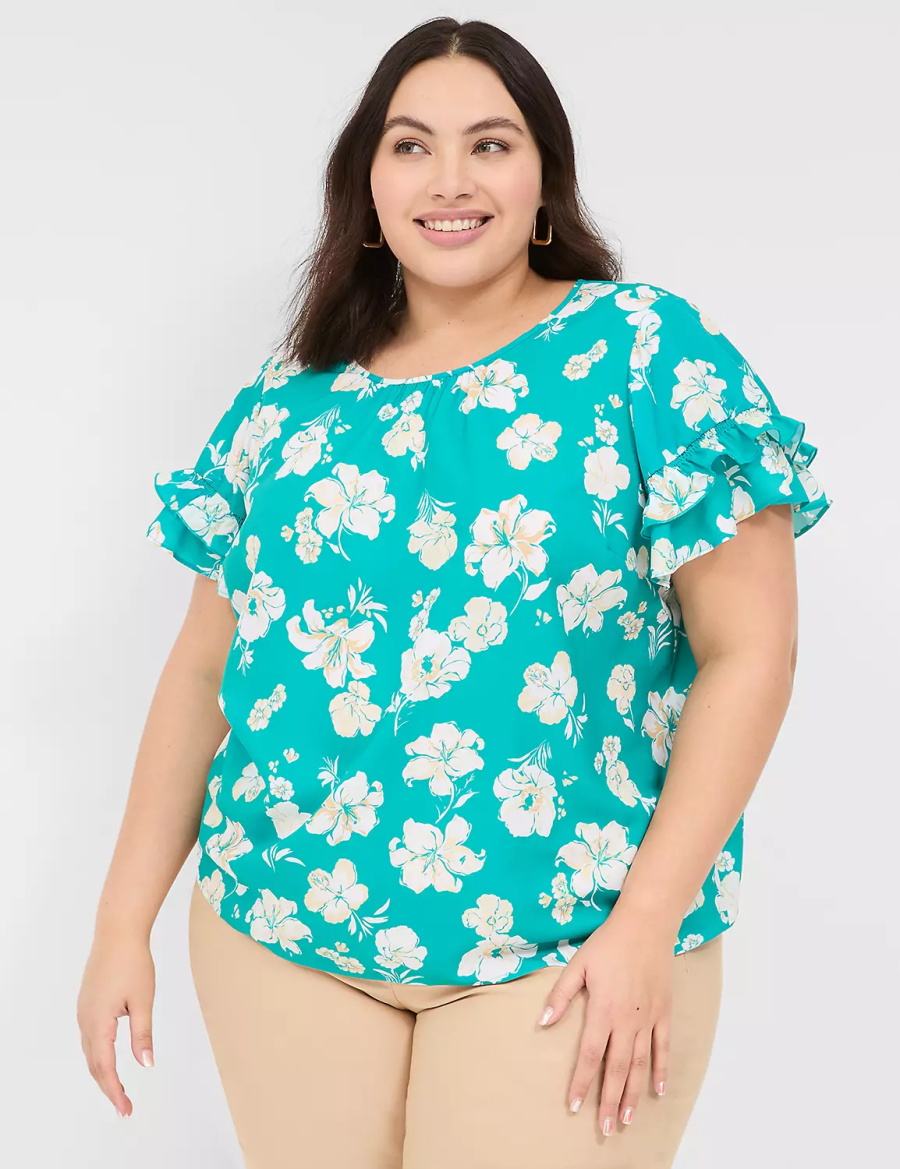 Lane Bryant Flutter-Sleeve Crew-Neck Top T-shirts Dames Turquoise | LYO4915NJ