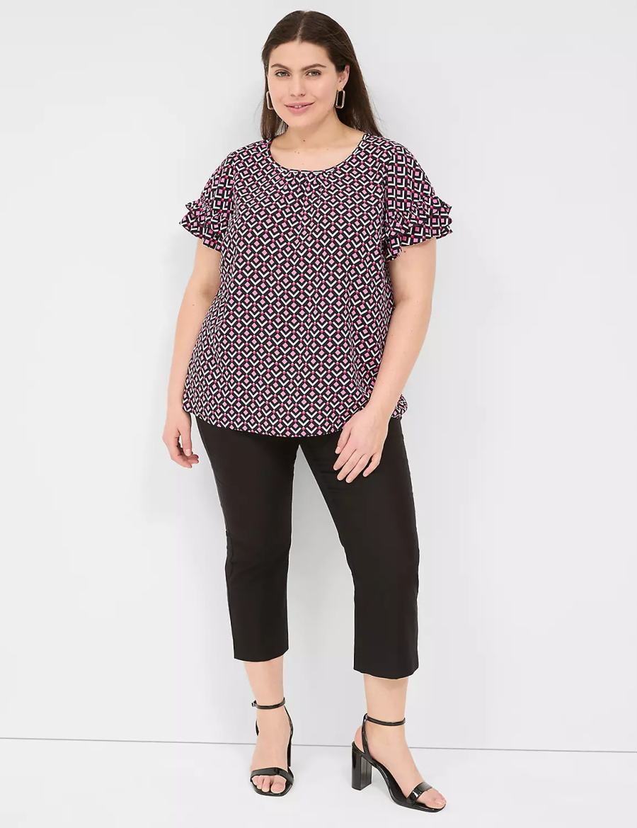 Lane Bryant Flutter-Sleeve Crew-Neck Top T-shirts Dames Roze Donkerblauw | DKA3861JY