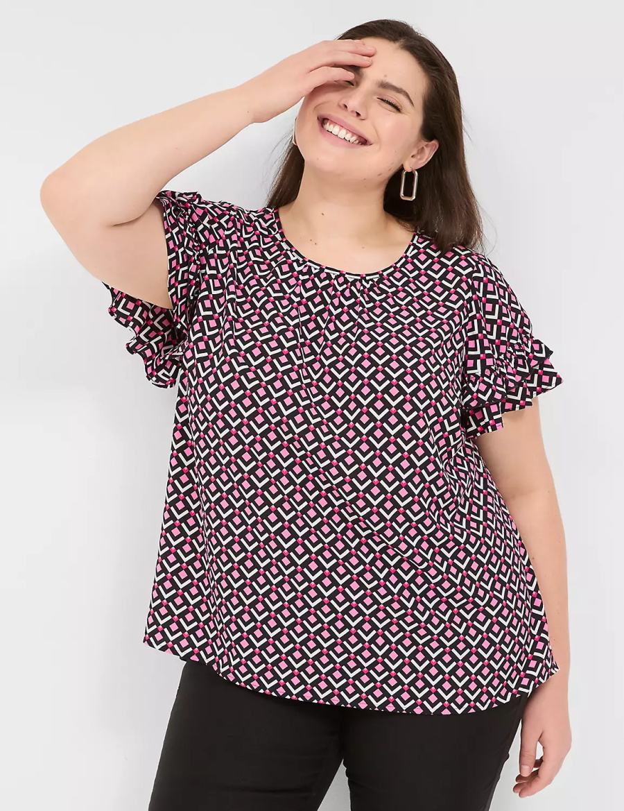 Lane Bryant Flutter-Sleeve Crew-Neck Top T-shirts Dames Roze Donkerblauw | DKA3861JY