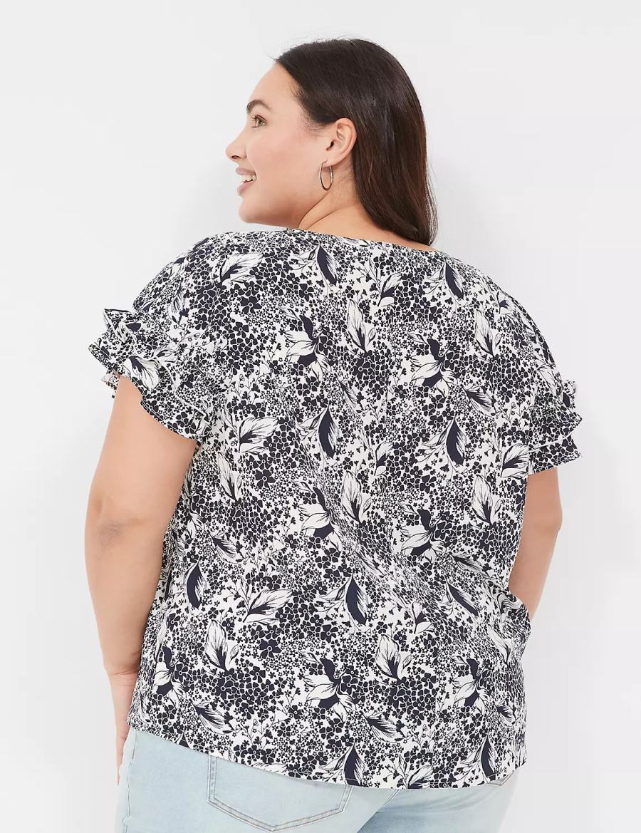 Lane Bryant Flutter-Sleeve Crew-Neck Top T-shirts Dames Donkerblauw Room | RDE2596CJ