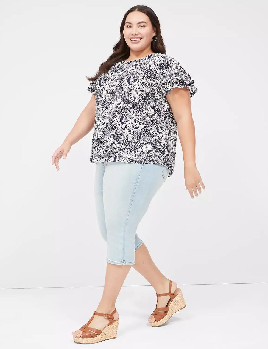 Lane Bryant Flutter-Sleeve Crew-Neck Top T-shirts Dames Donkerblauw Room | RDE2596CJ