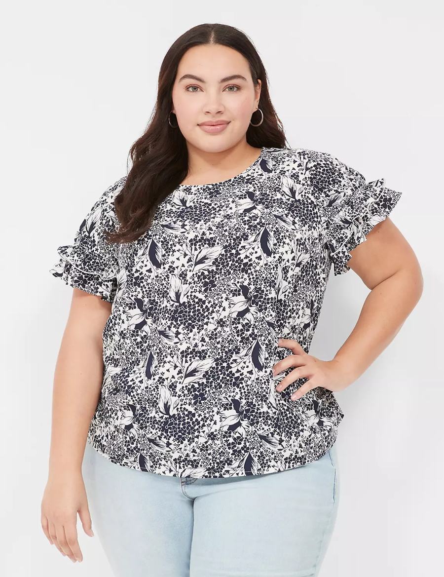 Lane Bryant Flutter-Sleeve Crew-Neck Top T-shirts Dames Donkerblauw Room | RDE2596CJ