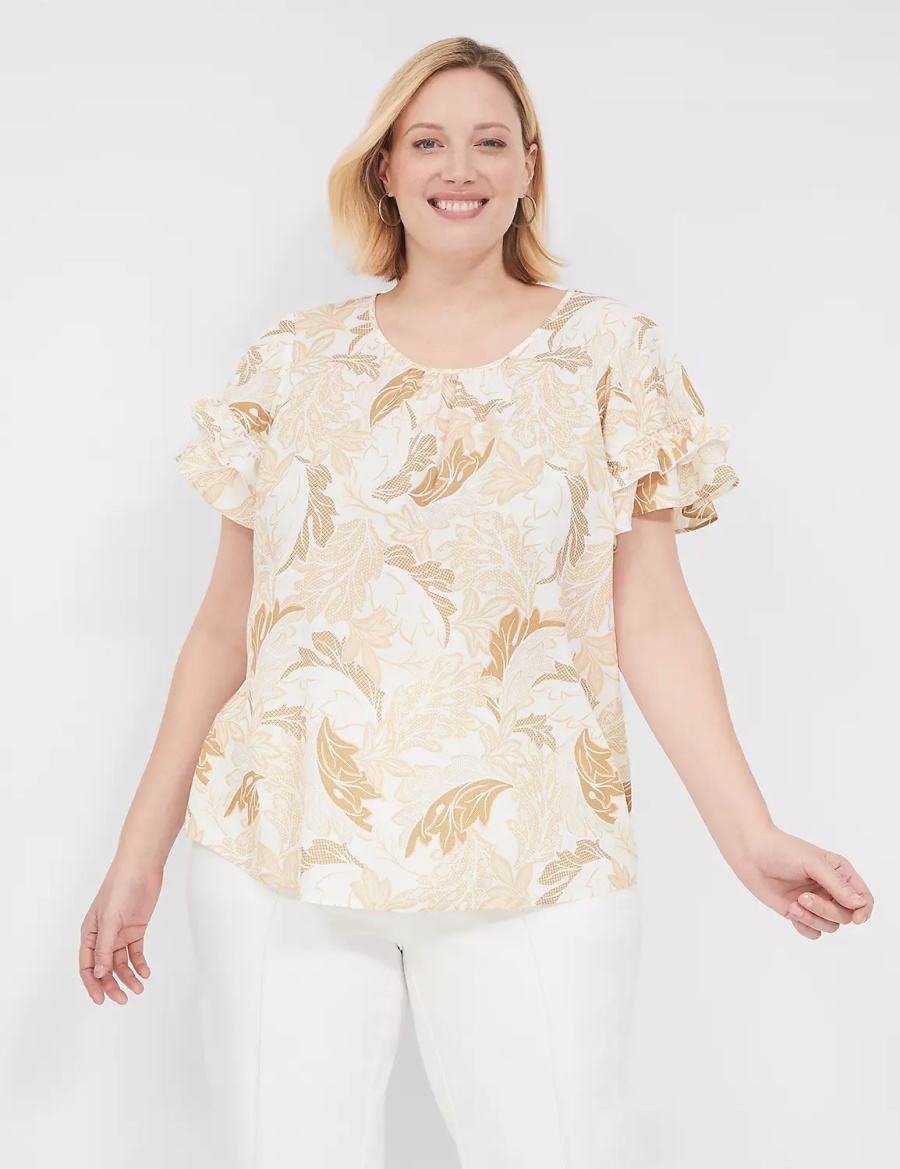 Lane Bryant Flutter-Sleeve Crew-Neck Top T-shirts Dames Bruin Gekleurd | PBQ891WW