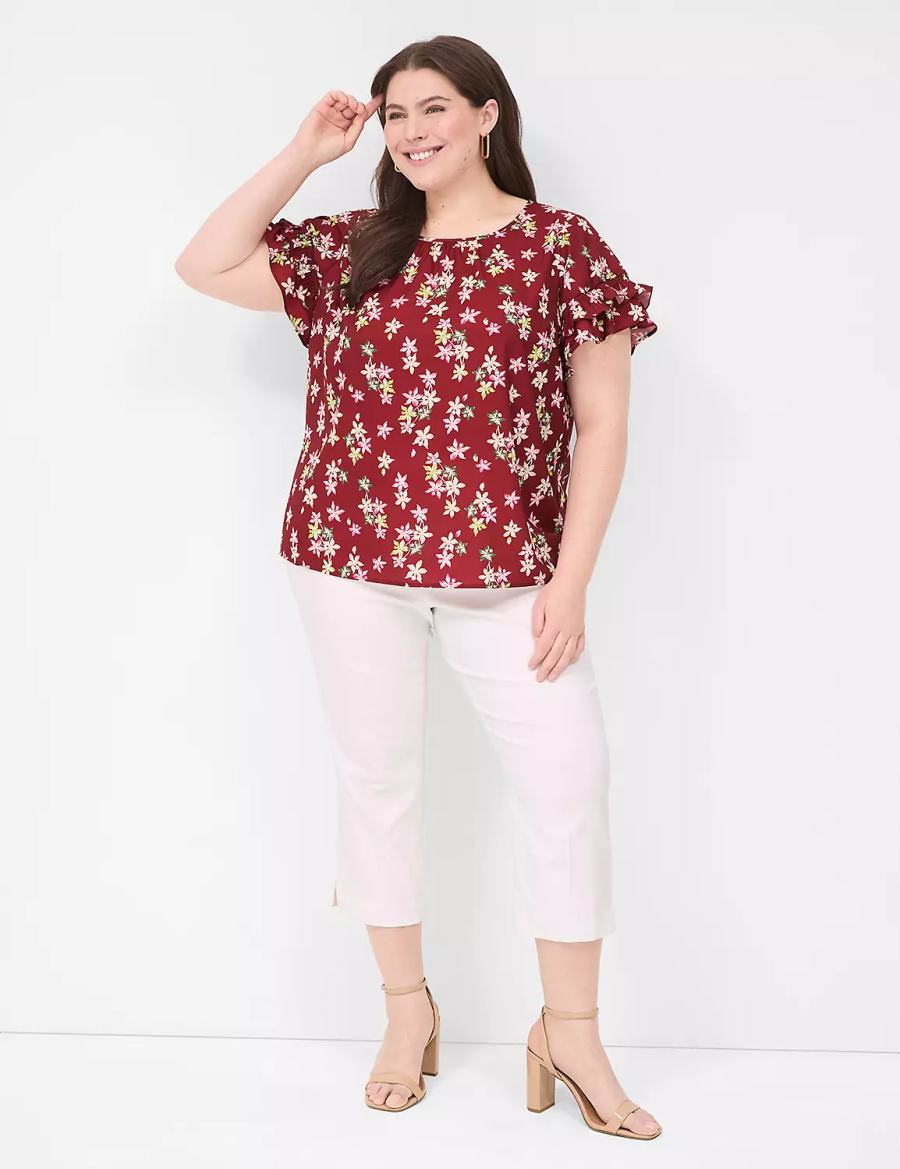 Lane Bryant Flutter-Sleeve Crew-Neck Top T-shirts Dames Rood Gekleurd | CPK251QM