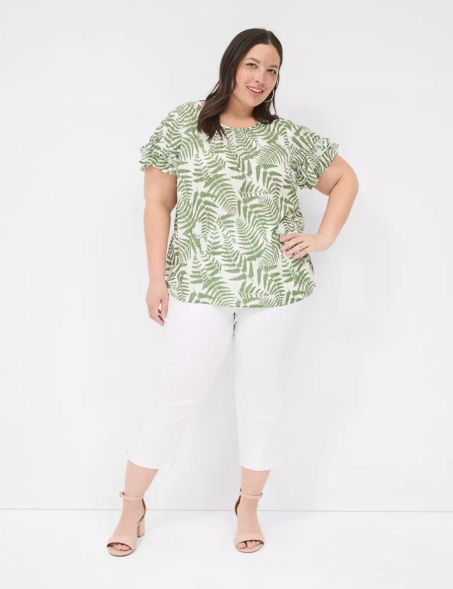 Lane Bryant Flutter-Sleeve Crew-Neck Top T-shirts Dames Groen | KOD2990SU