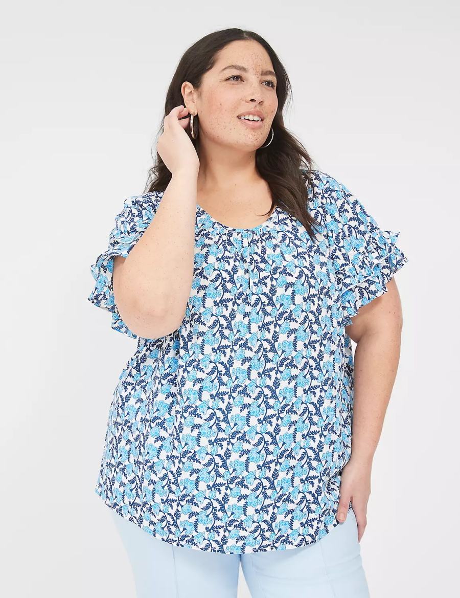 Lane Bryant Flutter-Sleeve Crew-Neck Top T-shirts Dames Blauw | UHF860VP