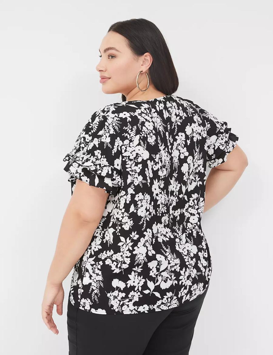 Lane Bryant Flutter-Sleeve Crew-Neck Top T-shirts Dames Zwart | MQZ1382WL
