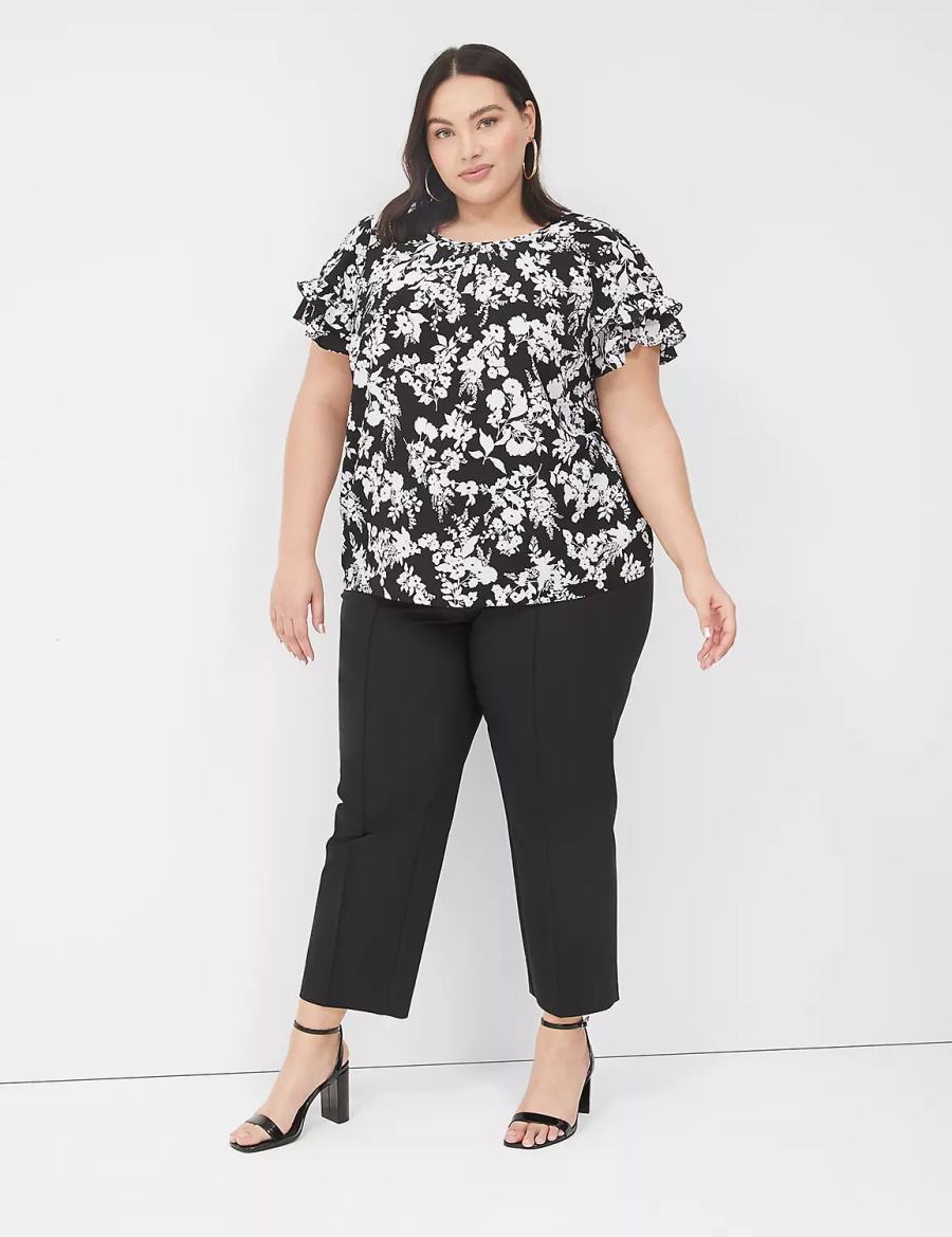 Lane Bryant Flutter-Sleeve Crew-Neck Top T-shirts Dames Zwart | MQZ1382WL