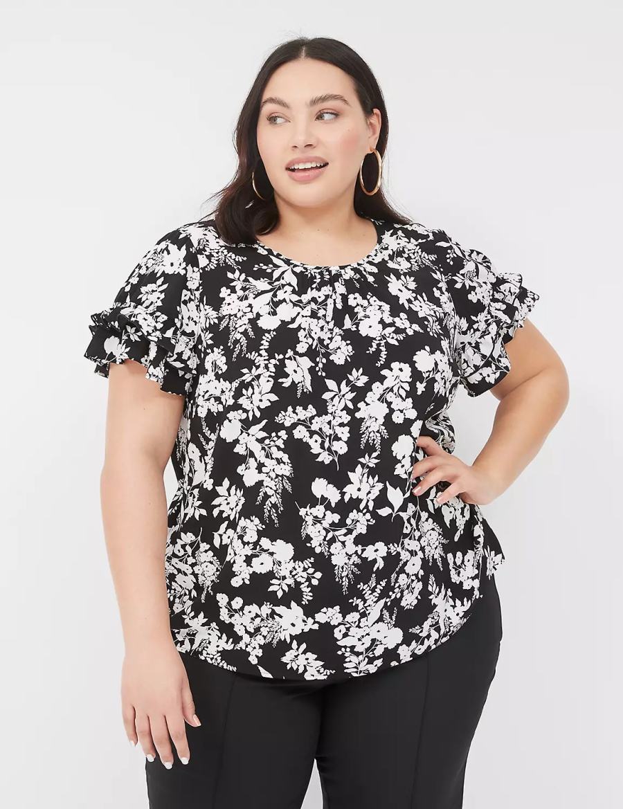 Lane Bryant Flutter-Sleeve Crew-Neck Top T-shirts Dames Zwart | MQZ1382WL