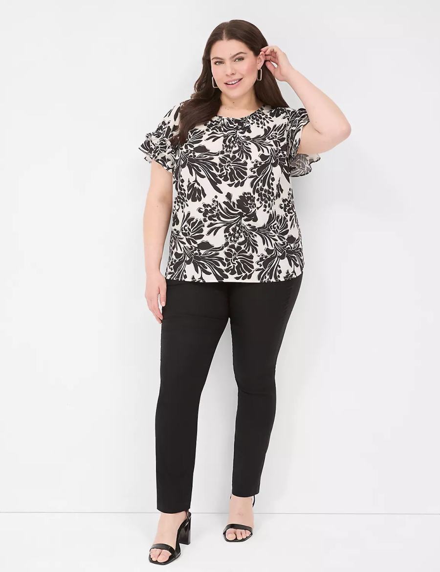 Lane Bryant Flutter-Sleeve Crew-Neck Top T-shirts Dames Zwart | HJU1219IJ