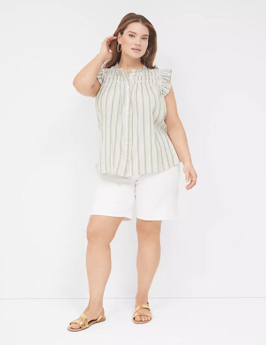 Lane Bryant Flutter-Sleeve Ruffle-Neck Blouse Dames Groen Strepen | LOH2590ZR