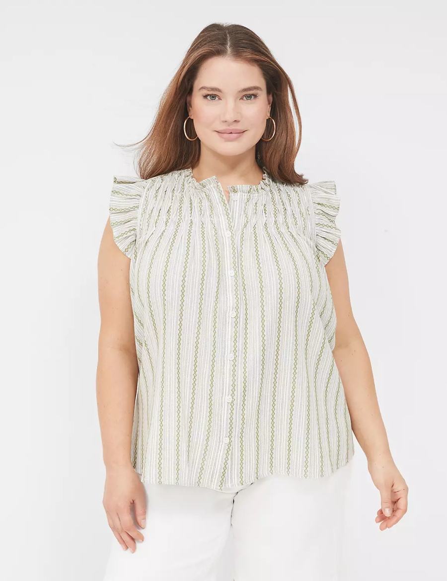 Lane Bryant Flutter-Sleeve Ruffle-Neck Blouse Dames Groen Strepen | LOH2590ZR