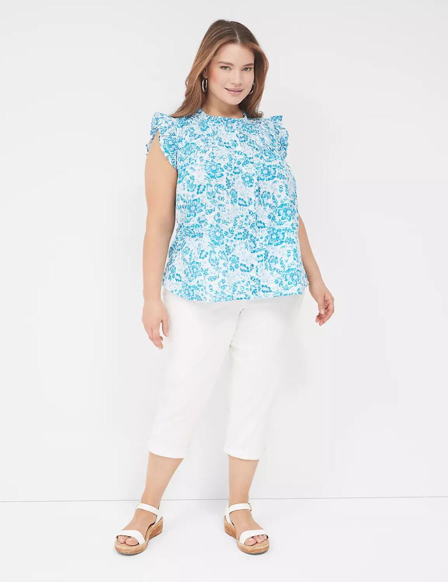 Lane Bryant Flutter-Sleeve Ruffle-Neck Blouse Dames Blauw | AZA4651GF