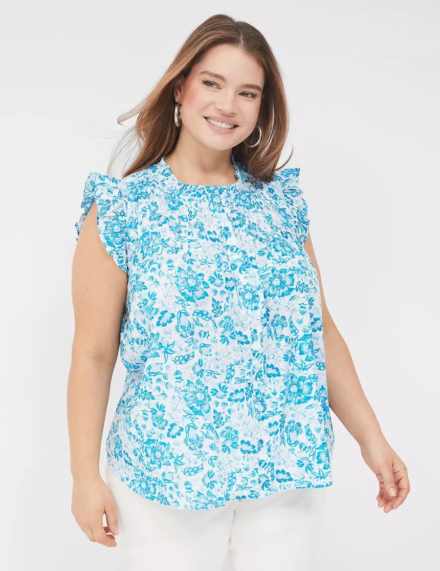 Lane Bryant Flutter-Sleeve Ruffle-Neck Blouse Dames Blauw | AZA4651GF