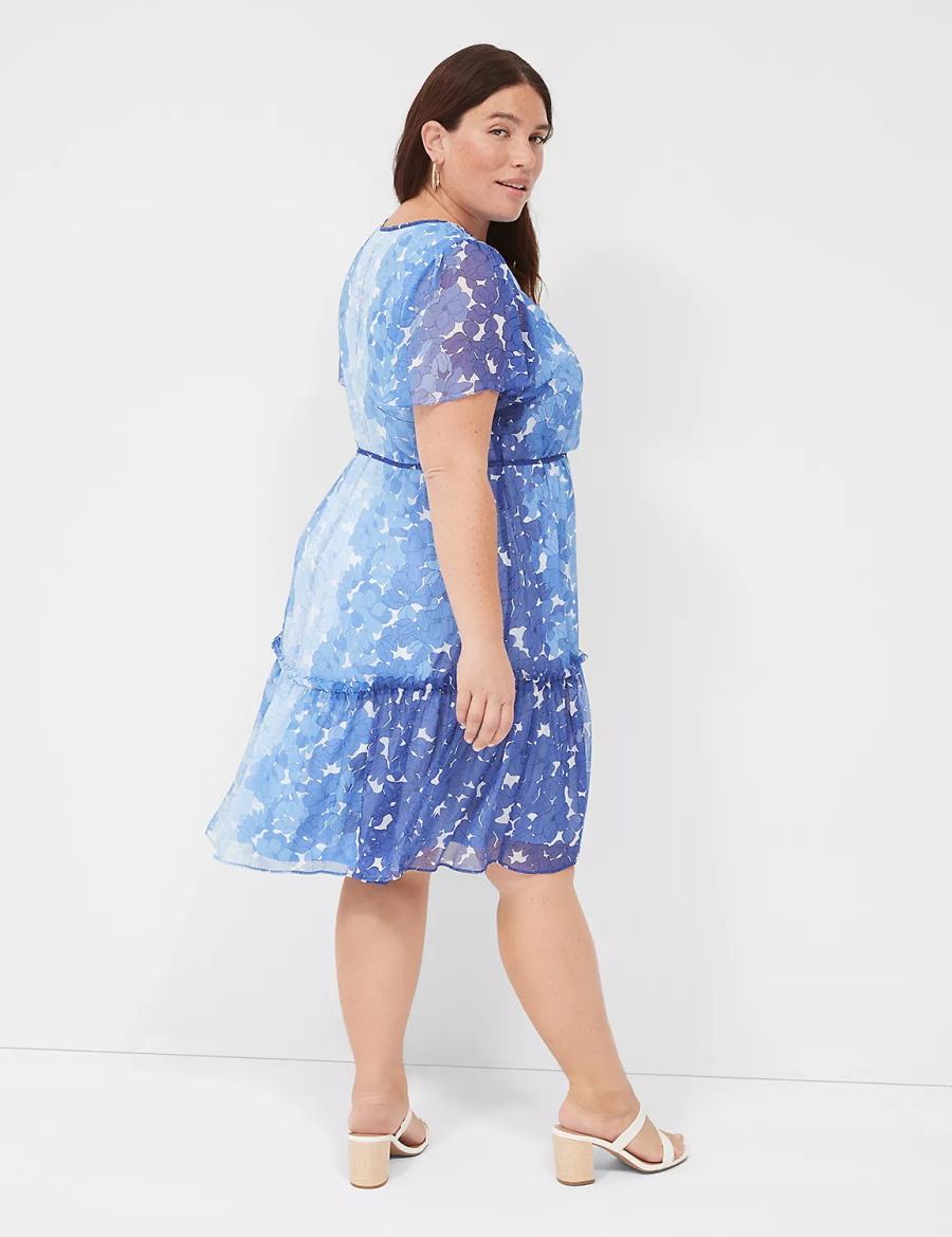 Lane Bryant Flutter-Sleeve Ruffle-Tier Casual Jurk Dames Blauw | JSA5076DA