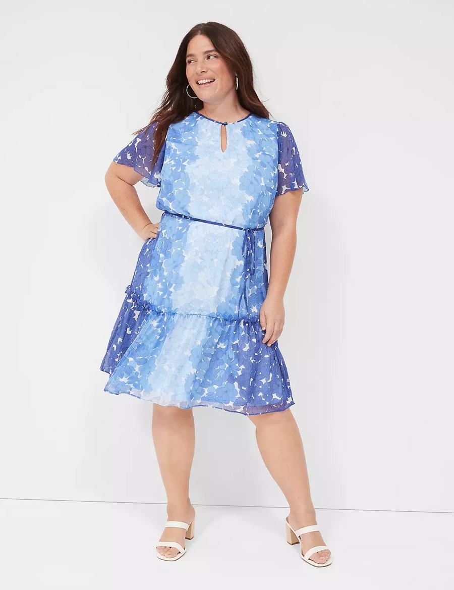 Lane Bryant Flutter-Sleeve Ruffle-Tier Casual Jurk Dames Blauw | JSA5076DA