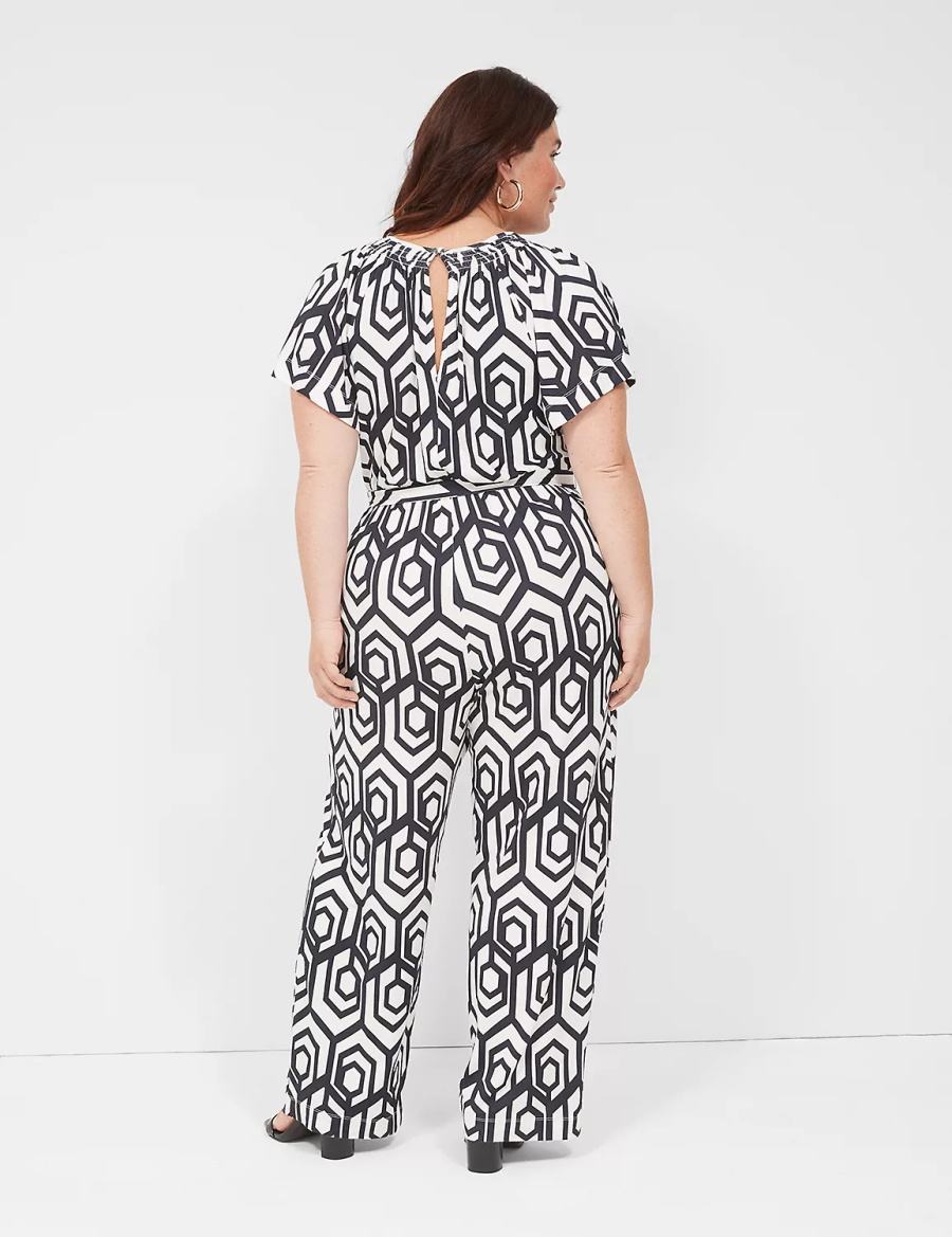 Lane Bryant Flutter-Sleeve Smocked-Neck Wide Leg Jumpsuit Dames Donkerblauw | PRV1329NP