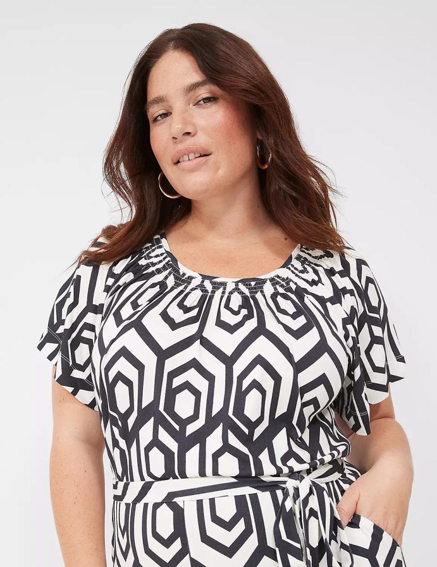 Lane Bryant Flutter-Sleeve Smocked-Neck Wide Leg Jumpsuit Dames Donkerblauw | PRV1329NP