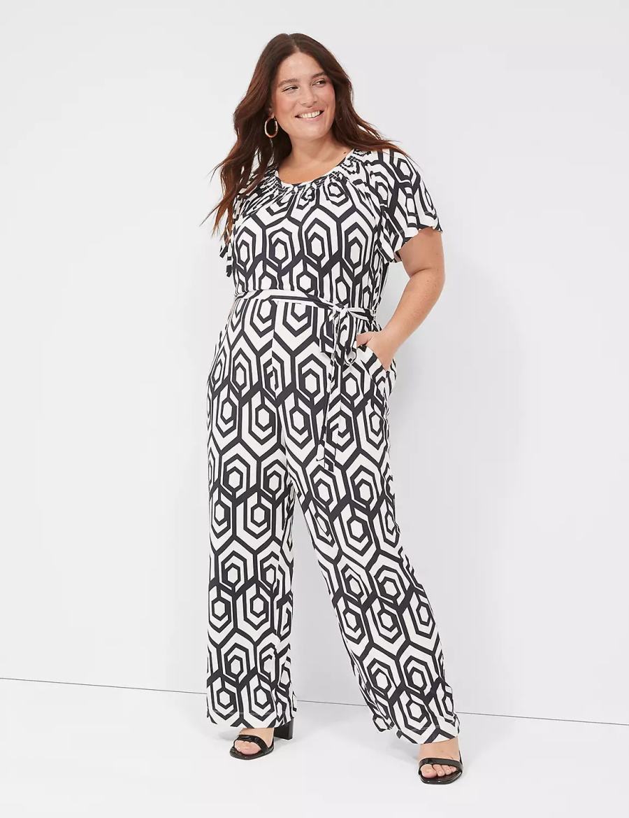 Lane Bryant Flutter-Sleeve Smocked-Neck Wide Leg Jumpsuit Dames Donkerblauw | PRV1329NP