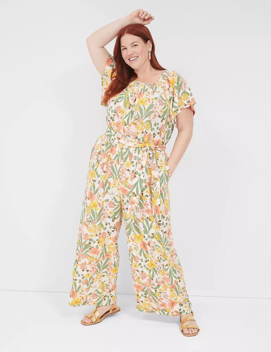Lane Bryant Flutter-Sleeve Smocked-Neck Wide Leg Jumpsuit Dames Geel Gekleurd | SBU2593EQ