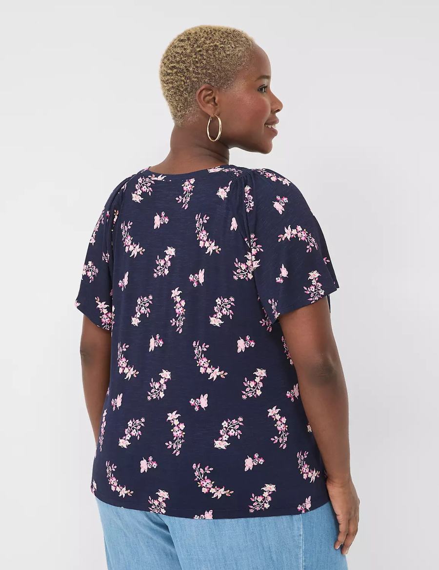 Lane Bryant Flutter-Sleeve Smocked Top T-shirts Dames Roze Donkerblauw | DCX3842KY