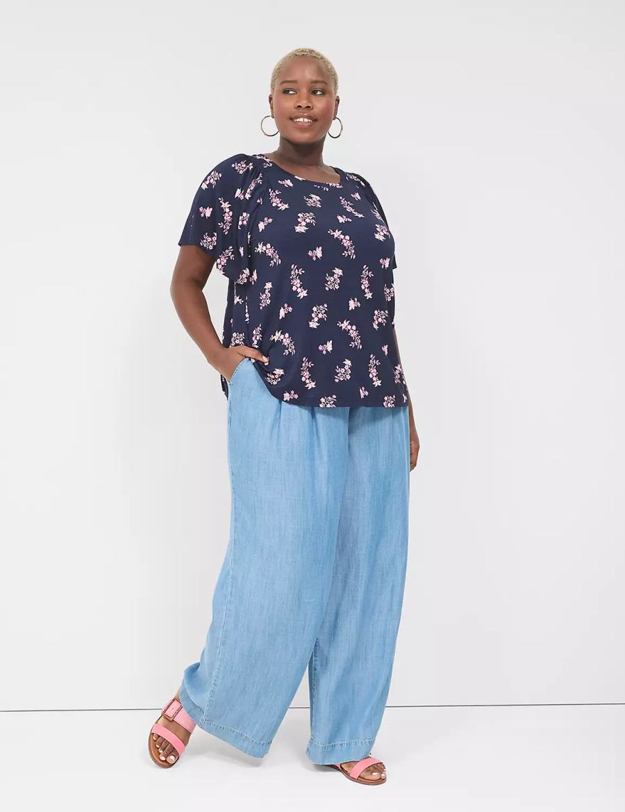 Lane Bryant Flutter-Sleeve Smocked Top T-shirts Dames Roze Donkerblauw | DCX3842KY
