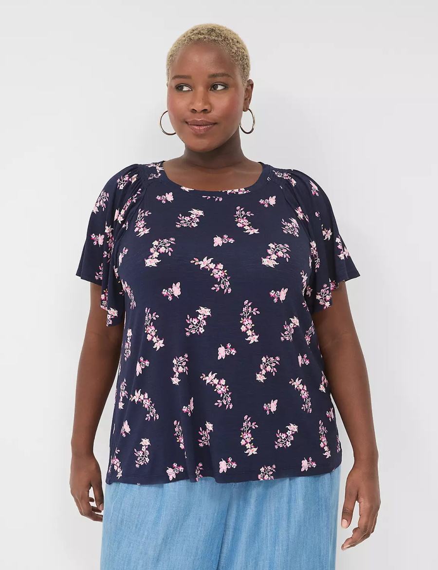 Lane Bryant Flutter-Sleeve Smocked Top T-shirts Dames Roze Donkerblauw | DCX3842KY