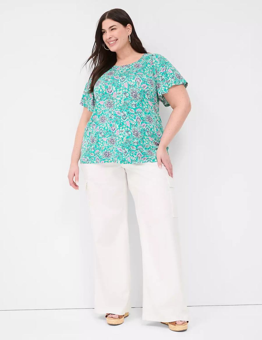 Lane Bryant Flutter-Sleeve Smocked Top T-shirts Dames Lichtturquoise | YFJ10024UC