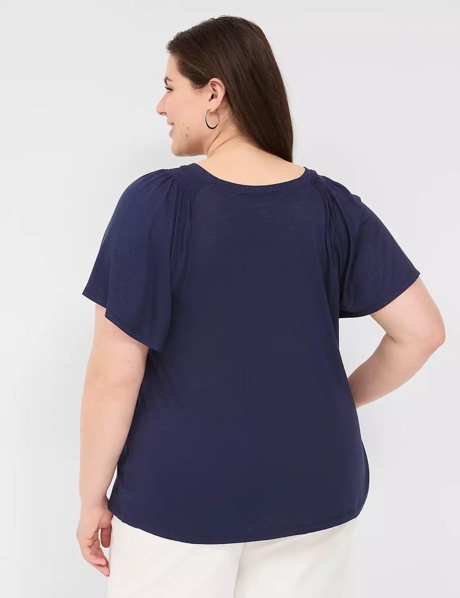 Lane Bryant Flutter-Sleeve Smocked Top T-shirts Dames Blauw | RRY7777OF