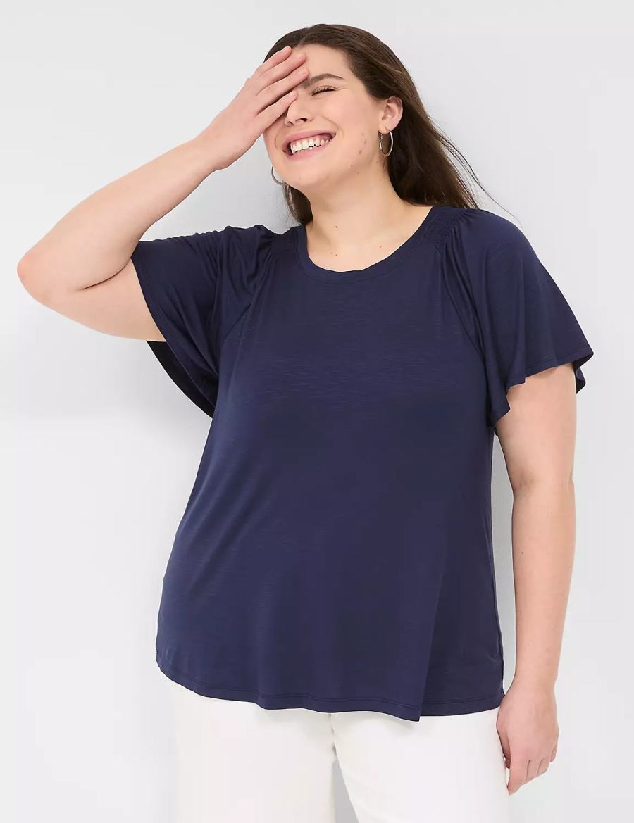 Lane Bryant Flutter-Sleeve Smocked Top T-shirts Dames Blauw | RRY7777OF