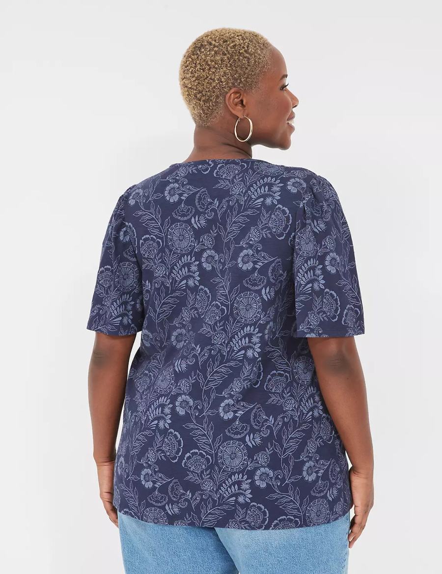 Lane Bryant Flutter-Sleeve V-Neck Top T-shirts Dames Donkerblauw | SSZ3415JS