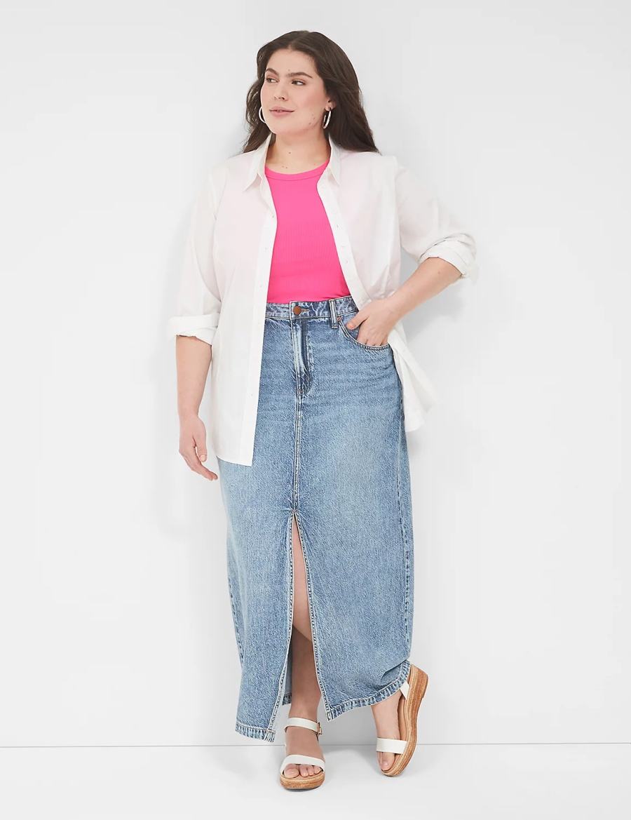 Lane Bryant High-Rise Front-Slit Denim Maxi Rokken Dames Lichtblauw | MSM766QJ
