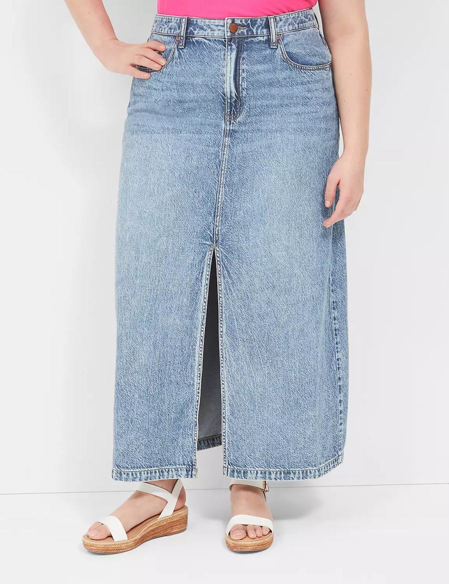 Lane Bryant High-Rise Front-Slit Denim Maxi Rokken Dames Lichtblauw | MSM766QJ