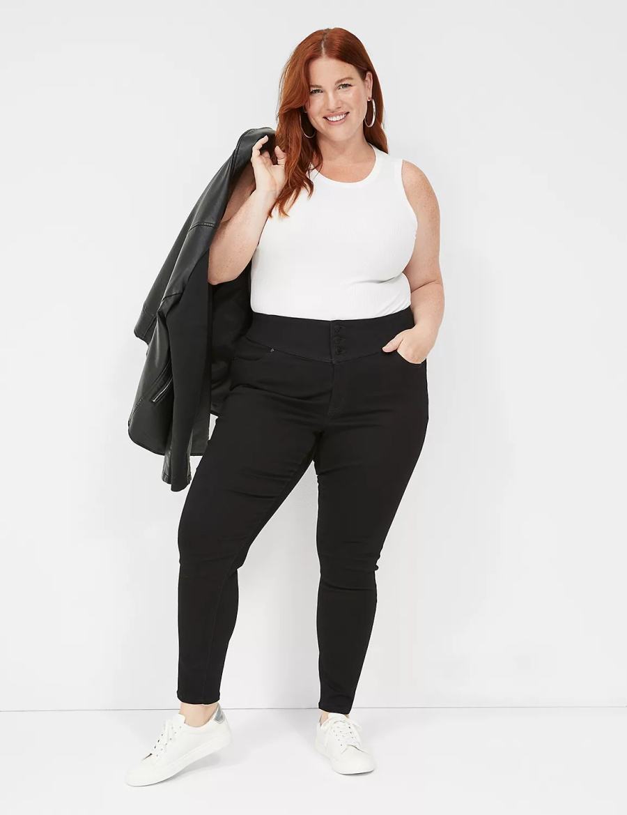 Lane Bryant High-Rise Sateen 3-Button Jeggings Dames Zwart | HQE2277FC
