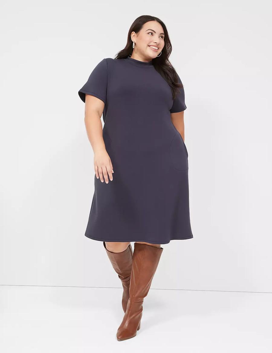 Lane Bryant Journey Short-Sleeve Mock-Neck Casual Jurk Dames Blauw | QSQ6755EO