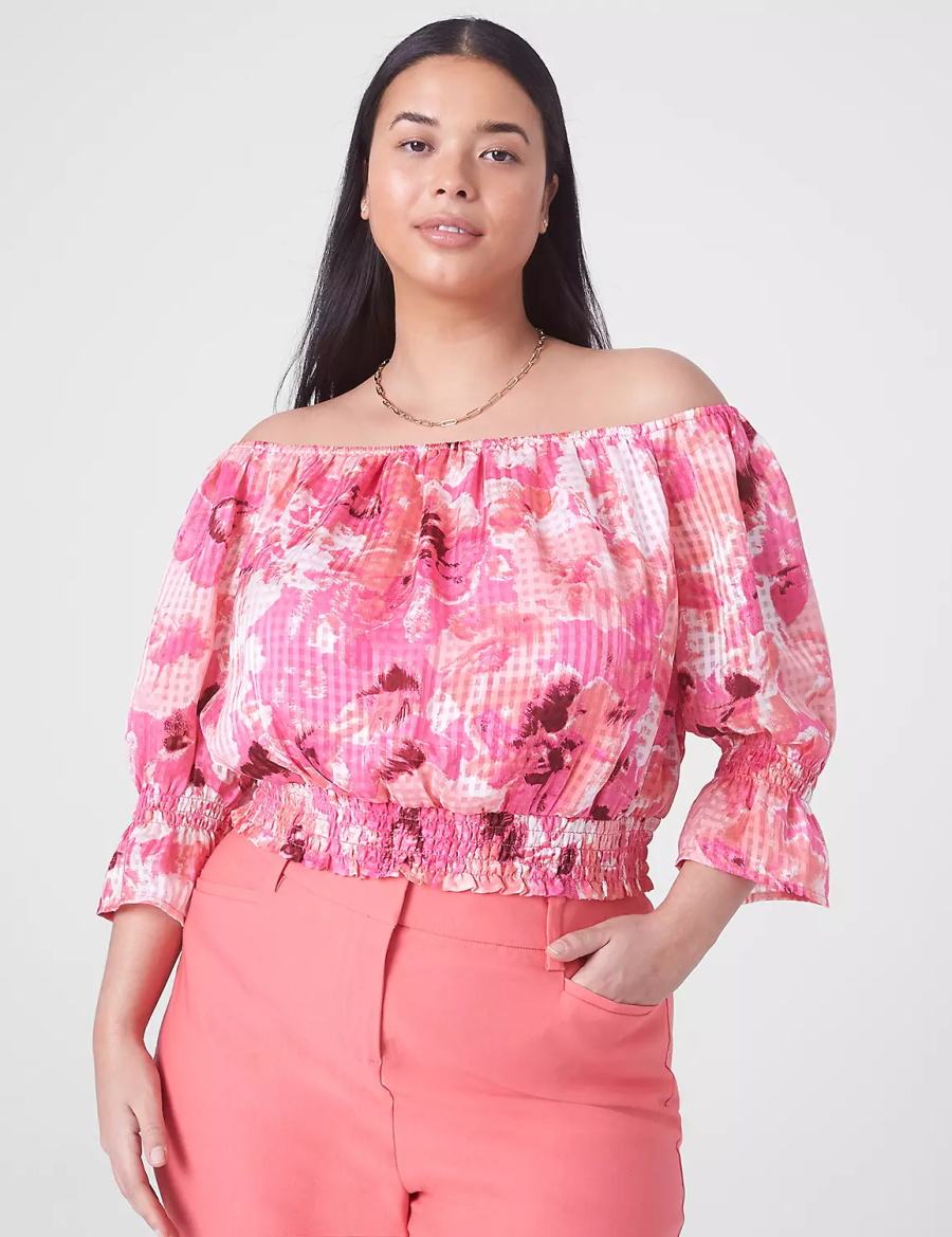 Lane Bryant Klassieke Crop Off-The-Shoulder Chiffon Top Tanktop Dames Roze | BWY2244XS
