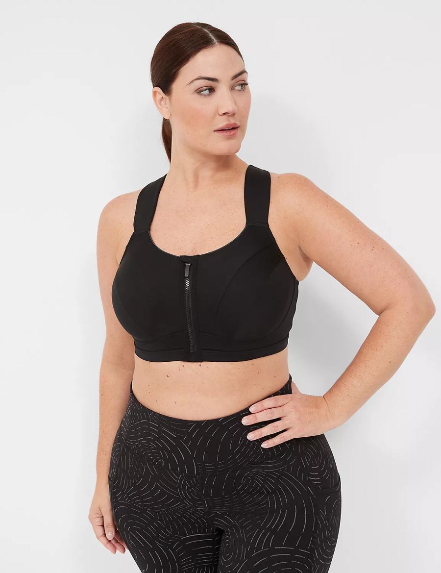 Lane Bryant LIVI Max Support Comfort Zip-Front Sport BH Dames Zwart | RIT164DC