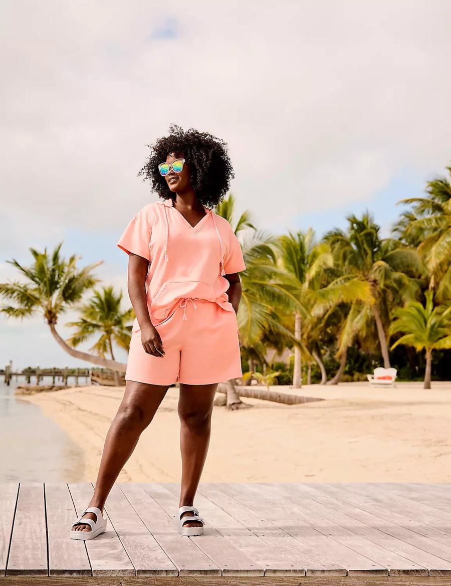 Lane Bryant LIVI Short-Sleeve French Terry Hoodie Dames Roze | DTH350DF