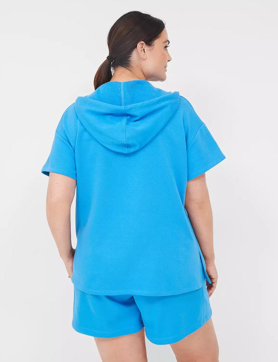 Lane Bryant LIVI Short-Sleeve French Terry Hoodie Dames Blauw | JIB8281WY
