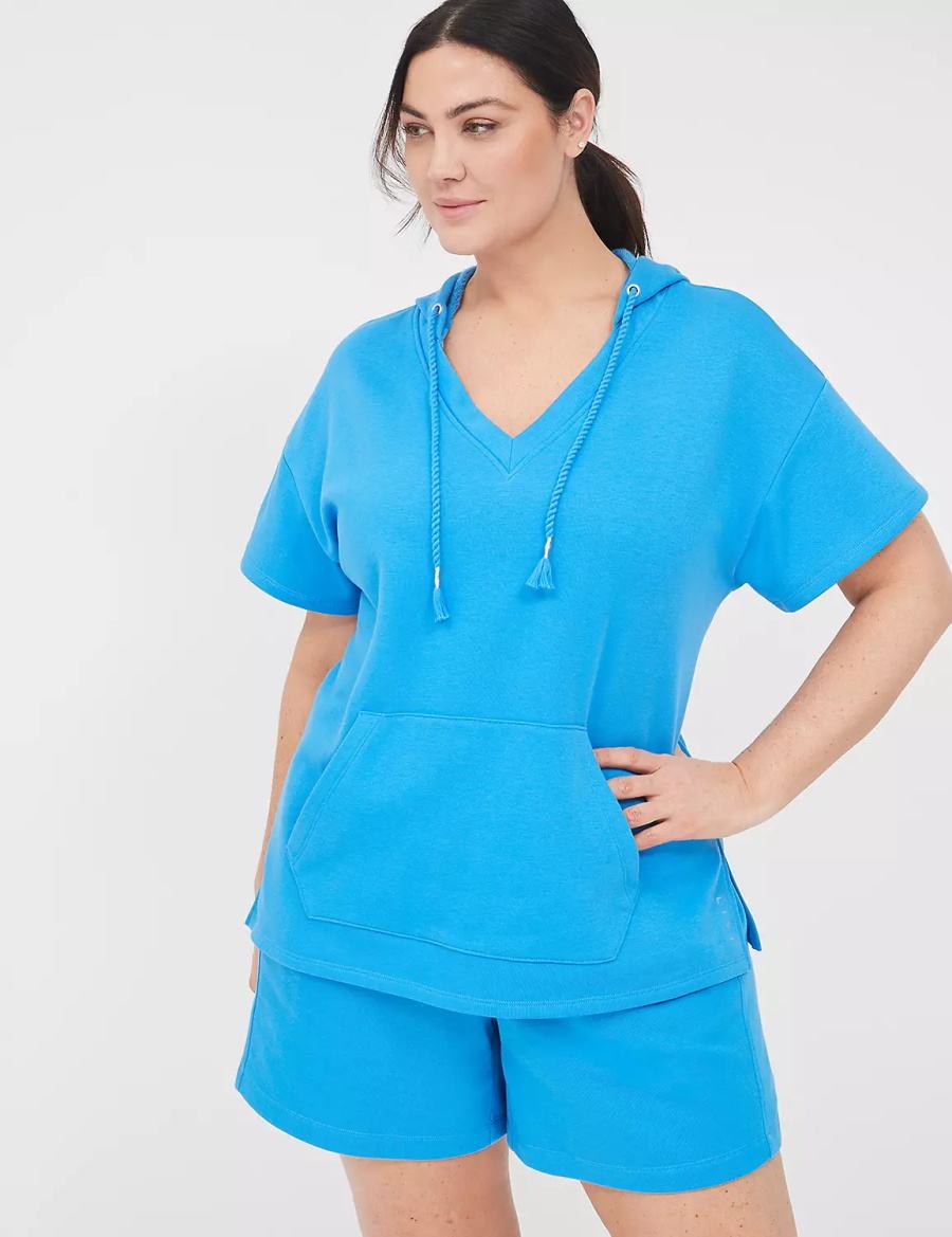 Lane Bryant LIVI Short-Sleeve French Terry Hoodie Dames Blauw | JIB8281WY