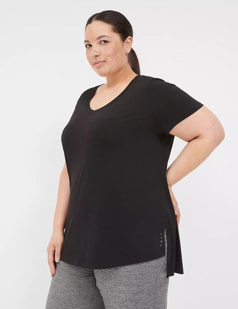 Lane Bryant LIVI V-Neck Ruched-Back Tee T-shirts Dames Zwart | PPI8036ZN