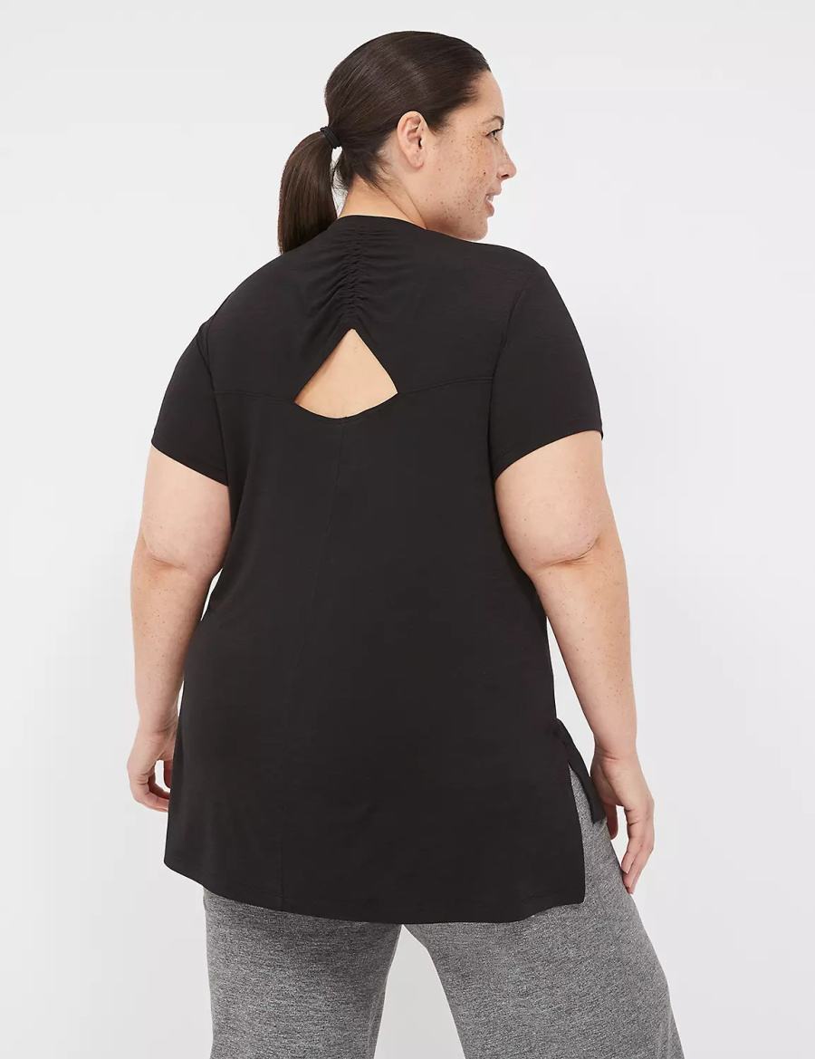 Lane Bryant LIVI V-Neck Ruched-Back Tee T-shirts Dames Zwart | PPI8036ZN