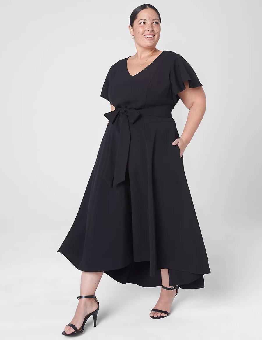 Lane Bryant Lena V-Neck High-Low Midi-jurk Dames Zwart | WLJ3070ZC