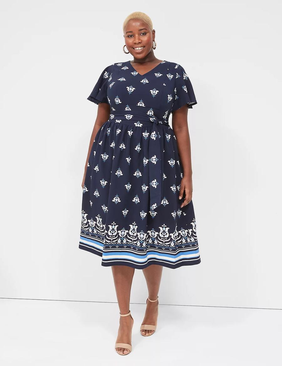 Lane Bryant Lena V-Neck Level-Hem Midi-jurk Dames Blauw | UND7875LD