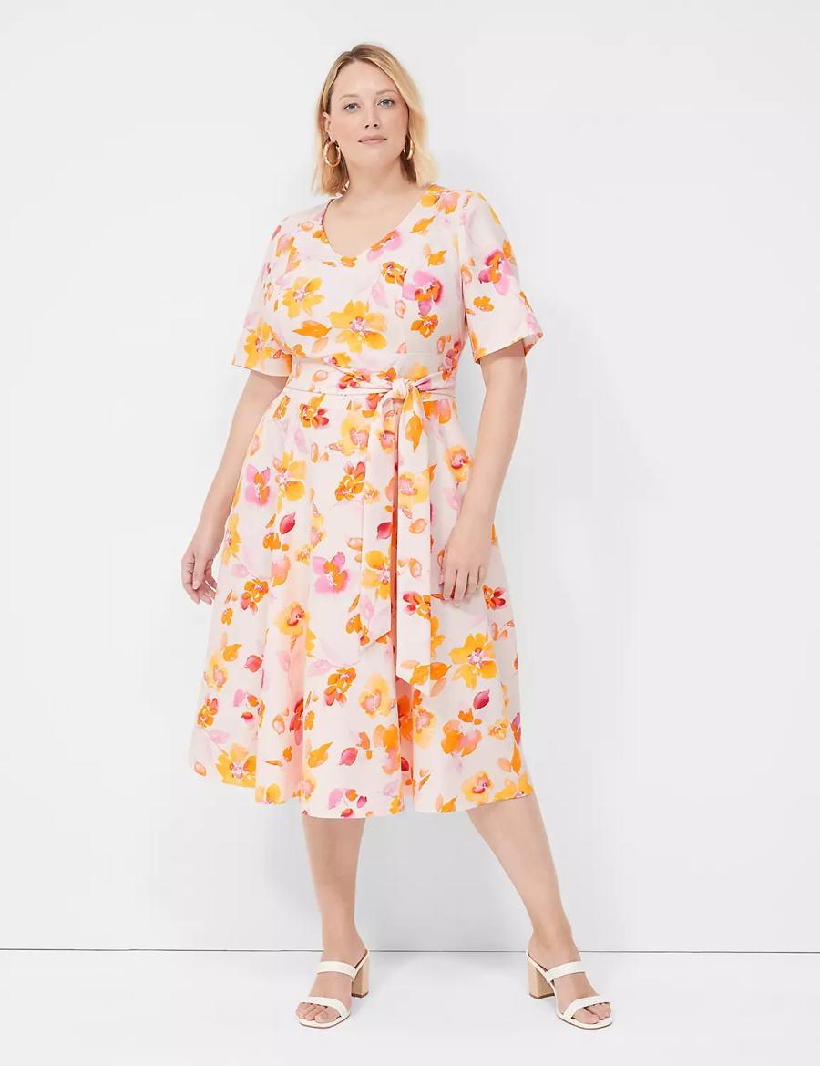 Lane Bryant Lena V-Neck Level-Hem Midi-jurk Dames Roze Oranje | KCE430FB