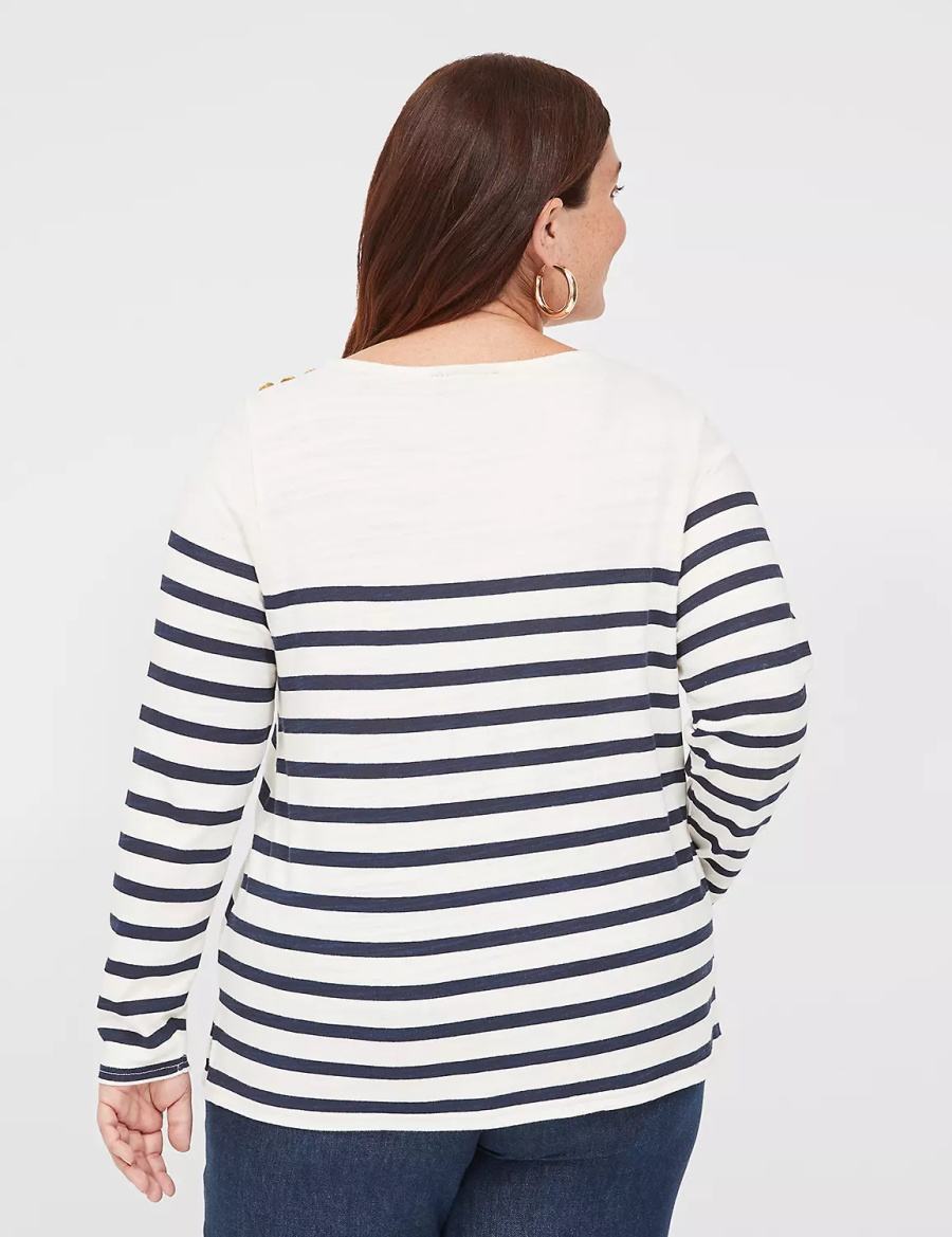 Lane Bryant Long-Sleeve Boatneck Top T-shirts Dames Donkerblauw Strepen | SBB4576QW