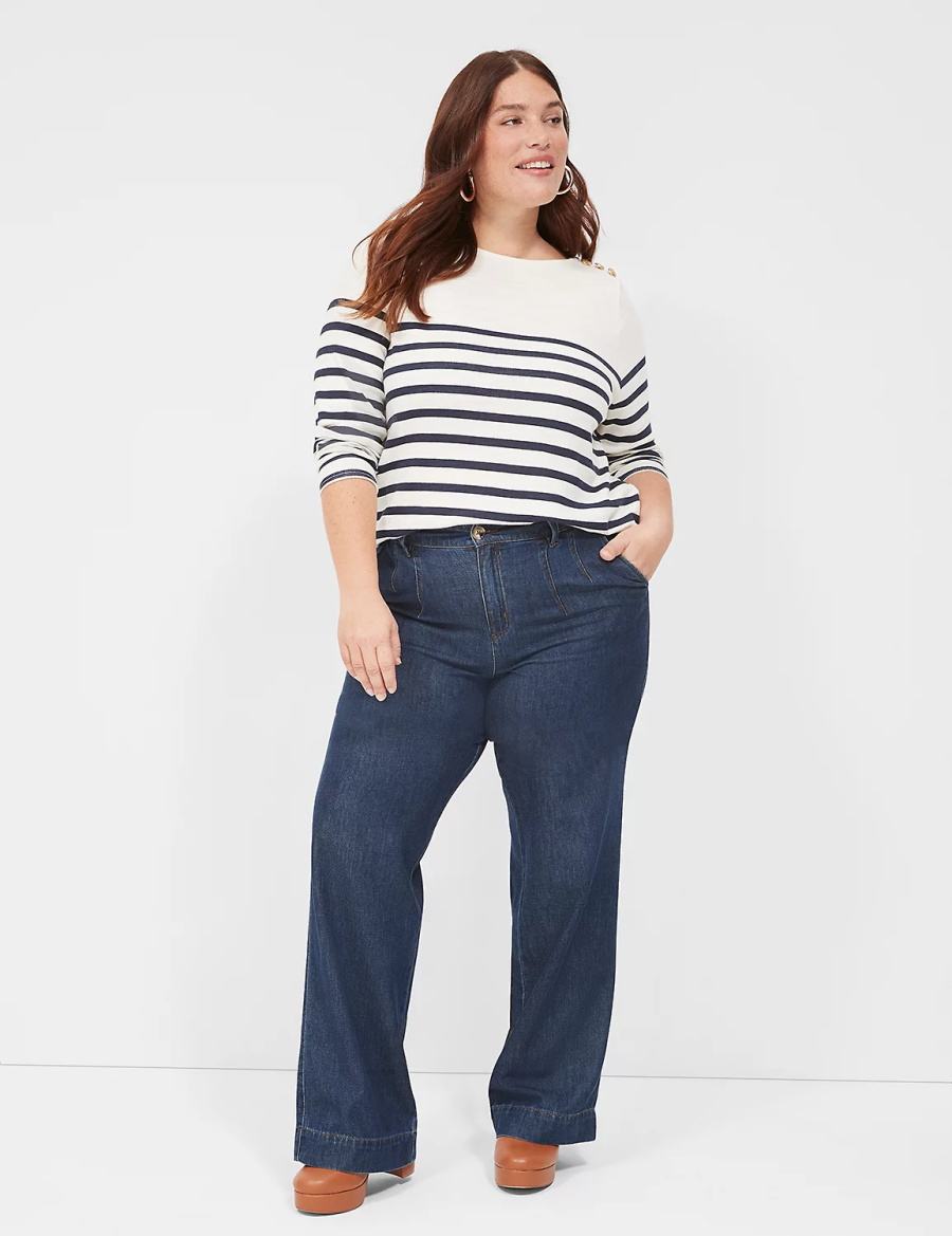 Lane Bryant Long-Sleeve Boatneck Top T-shirts Dames Donkerblauw Strepen | SBB4576QW