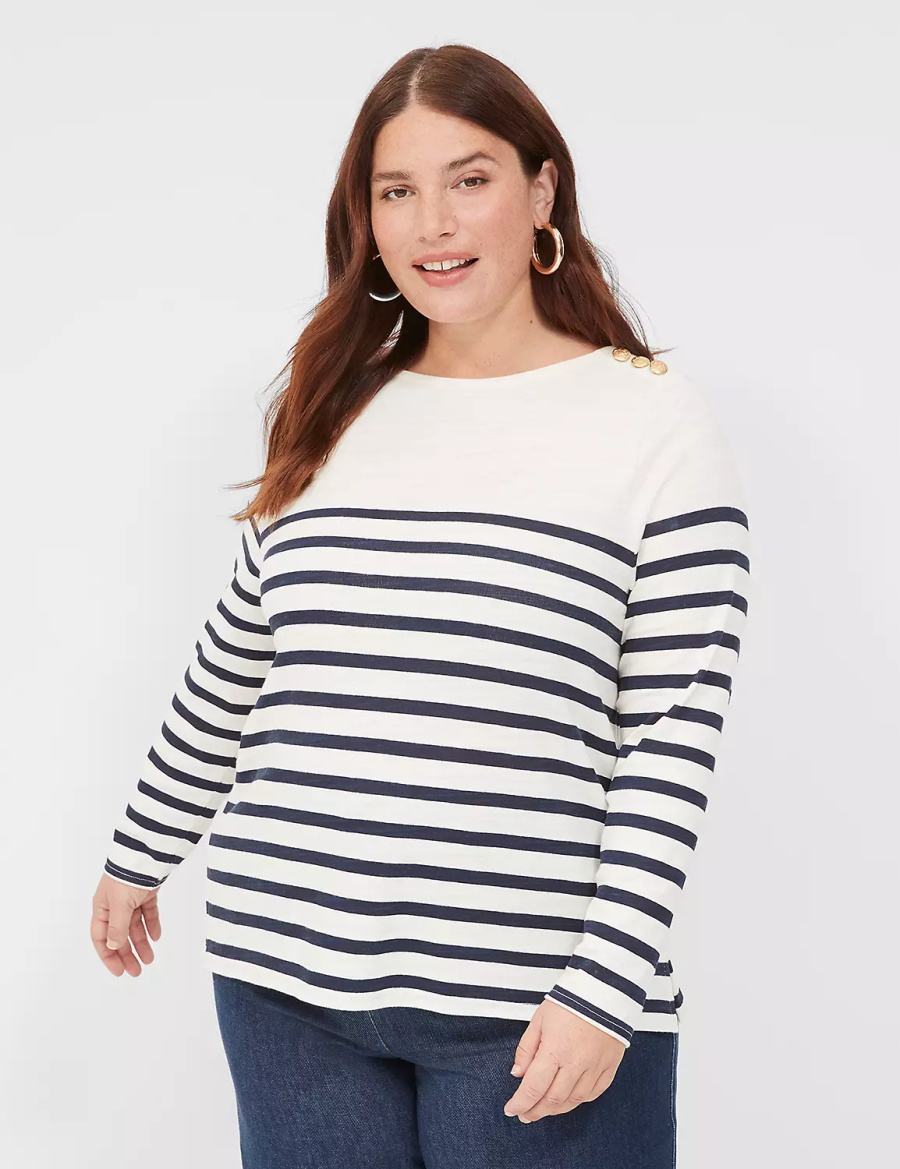 Lane Bryant Long-Sleeve Boatneck Top T-shirts Dames Donkerblauw Strepen | SBB4576QW